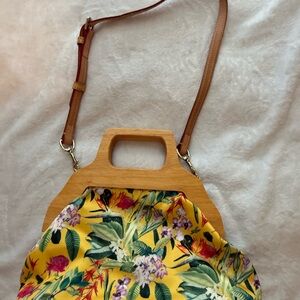 Floral Yellow Women's Bag with Wooden Handle